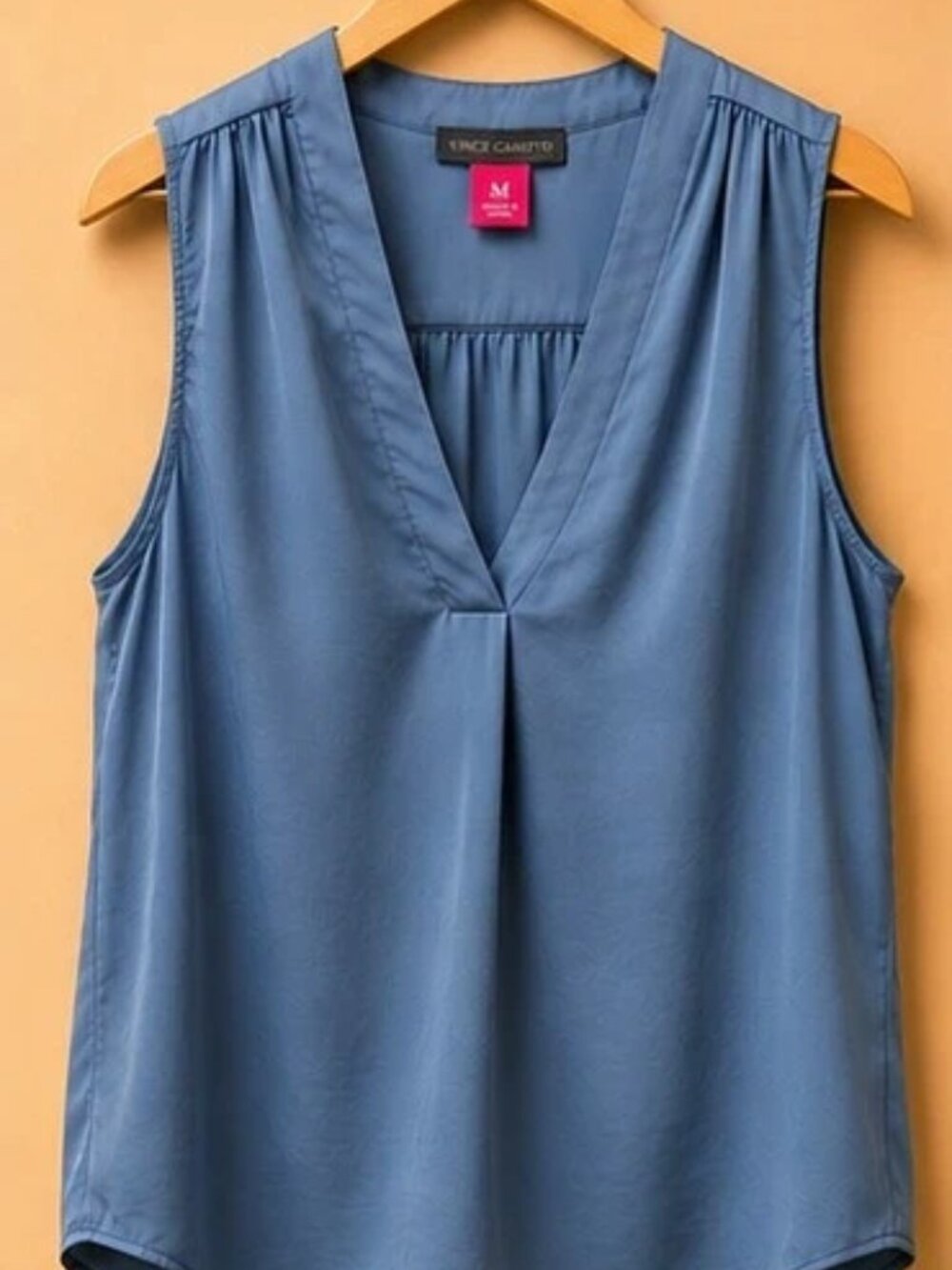 Vince Camuto Sleeveless Blue Satin Blouse Top | Flowy V-Neck Career Chic Tank |